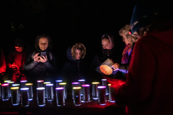A group of people stand around a light up art exhibit in the outdoors at nighttime.